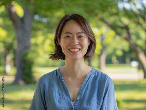 Smiling Asian Woman in a Blue Shirt, Celebrating the Month of May Generative AI