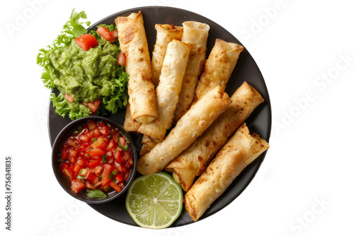 a plate of traditional Mexican flautas with salsa and guacamole neatly laid out on a white surface