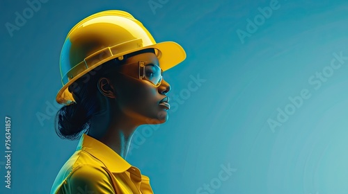 a female engineer wearing a yellow hard hat, positioned at the center of the screen in a low side angle shot, offering vast empty space for text.