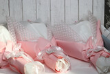 Three wedding bouquets in pink and white wrapping paper. Close-up