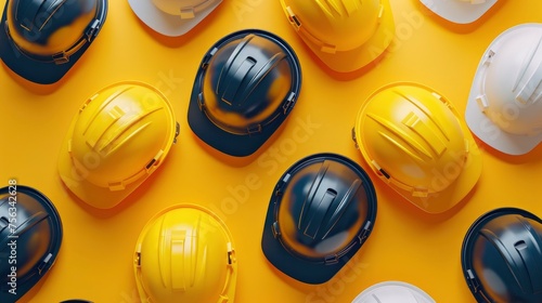 Realistic safety engineer helmets apart from each other photo pattern, flat color background, isometric, view from top, bird eye view, professional studio shoot photo