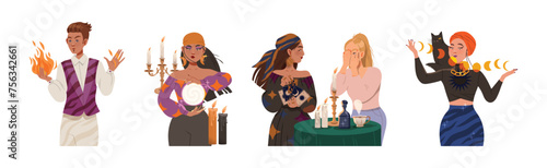Man and Woman Character Fortune Teller with Mystical Paranormal Ability Vector Set