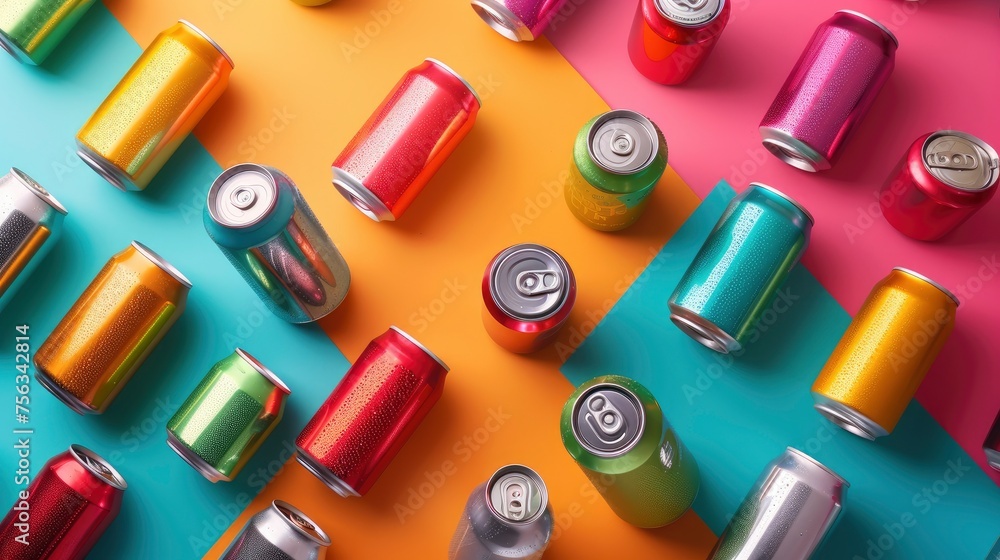 Realistic soda cans apart from each other photo pattern, flat color background, isometric, view from top, bird eye view, professional studio shoot Realistic soda cans apart from each other photo pattern, flat color background, isometric, view from top, bird eye view, professional studio shoot