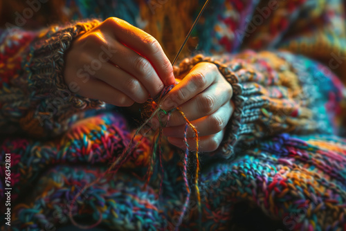 Hands Knitting with Vivid Yarn Textures