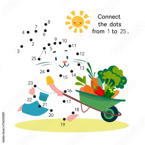 Dot to dot. Connect the dots from 1 to 25. Puzzle game for kids. Cute hare in garden. Vector illustration
