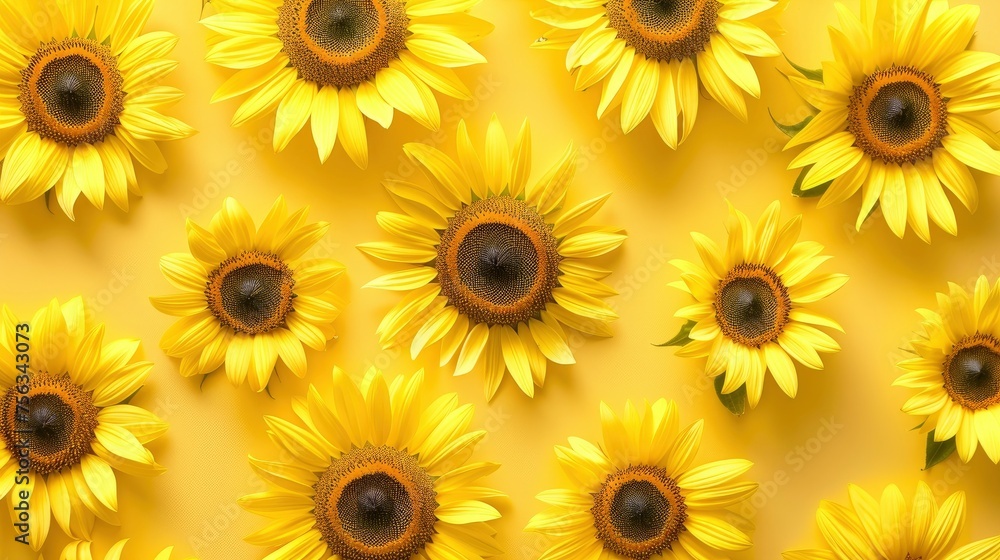 Fototapeta premium Realistic sunflowers apart from each other photo pattern, flat color background, isometric, view from top, bird eye view, professional studio shoot