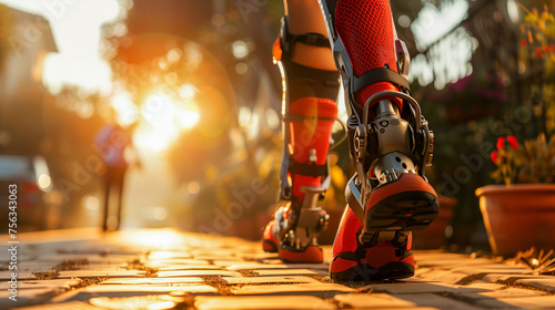 Legs of a person wearing advanced prosthetic limbs walking on a paved path at sunset, symbolizing overcoming challenges photo