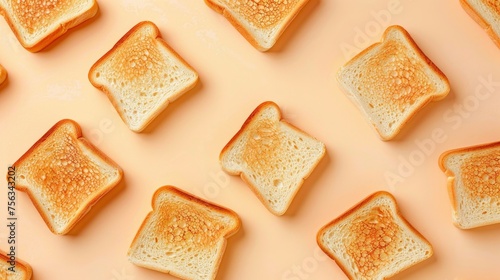 Realistic toast bread slices apart from each other photo pattern, flat color background, isometric, view from top, bird eye view, professional studio shoot