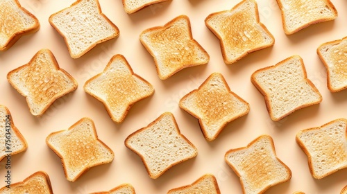 Realistic toast bread slices apart from each other photo pattern, flat color background, isometric, view from top, bird eye view, professional studio shoot