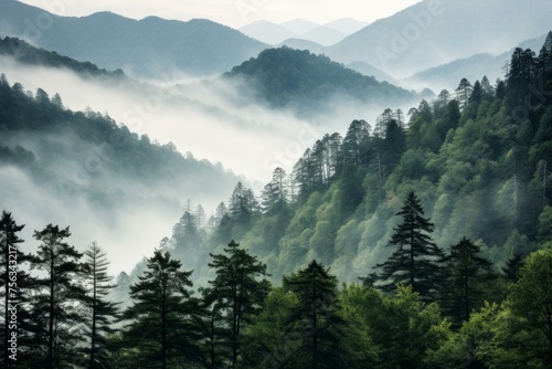 Majestic Smoky cloudy mountains trees natural. Cloud nature. Generate AI