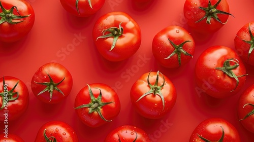 Realistic tomatoes apart from each other photo pattern, flat color background, isometric, view from top, bird eye view, professional studio shoot © shooreeq