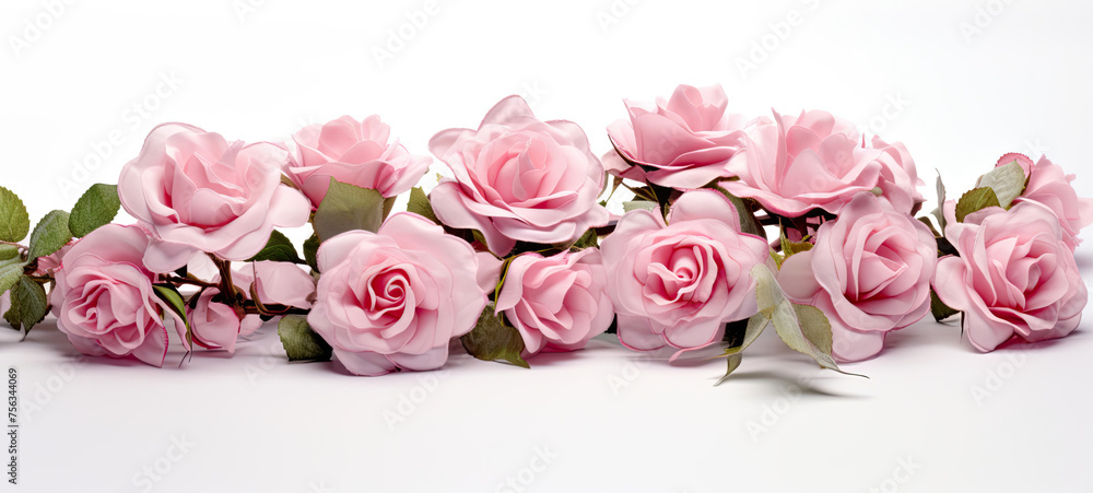 Group of Pink Roses With Leaves on White Background