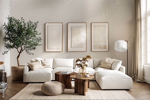 Modern Living Room with White Furniture and Artwork Generative AI