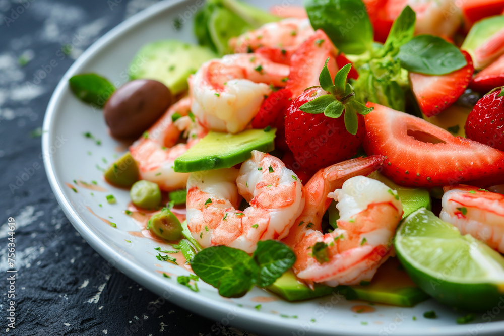 Delicious prawn salad with strawberries, avocado, and greens on textured background With space for text Delicious prawn salad with strawberries, avocado, and greens on textured background With space for text