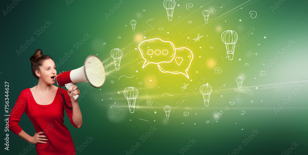 Young person with megaphone and healthy food icon Young person with megaphone and healthy food icon