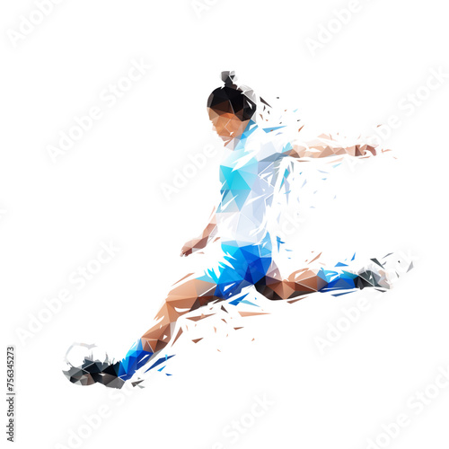 Soccer, woman playing football, geometric drawing of female soccer player kicking ball, low poly isolated vector illustration, side view