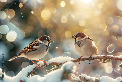 Winter Sparrows Perched on Snowy Branch © Blake