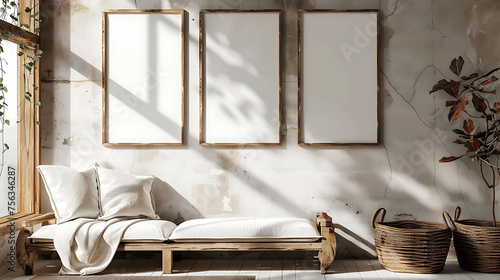 Multi mockup poster frames on vintage window frame, beside a trendy futon