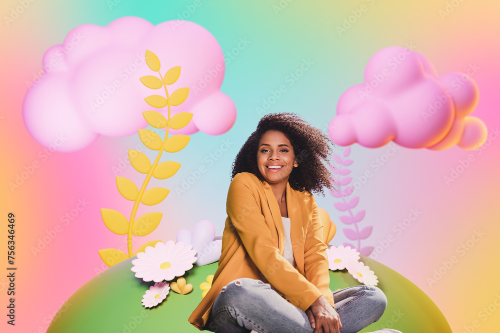 Composite photo collage of happy american girl sit wear casual cloth pose smile flowers spring atmosphere isolated on painted background
