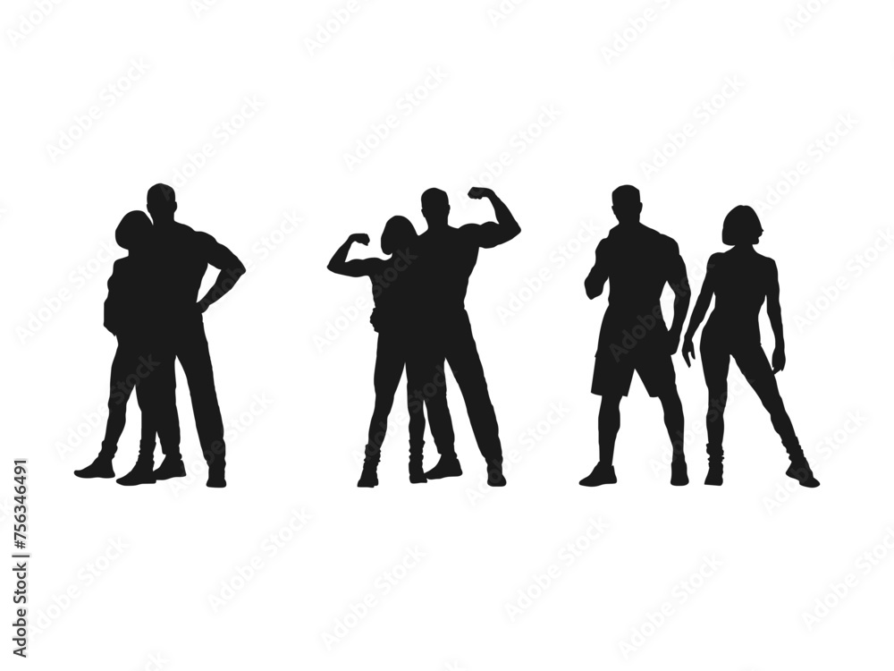 healthy fit man woman silhouettes. A collection of fitness silhouettes. Set of bodybuilders vector. Posing men and women. Muscular people. vector icons for web design isolated on white background.