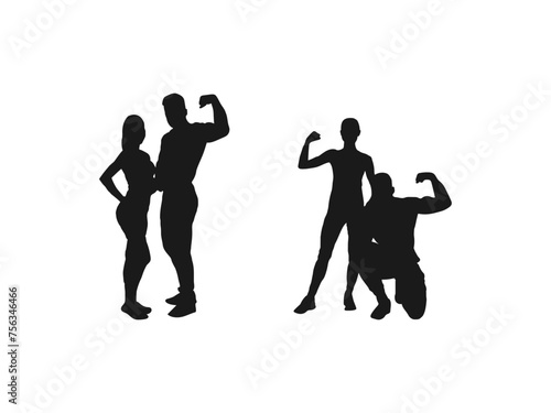 healthy fit man woman silhouettes. man and woman of fitness silhouette character vector design template. Posing men and women. Muscular people. vector icons for web design isolated on white background