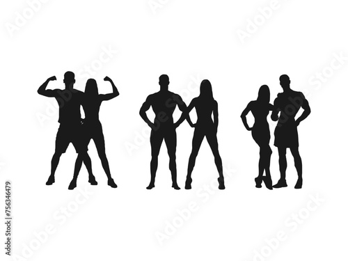 healthy fit man woman silhouettes. A collection of fitness silhouettes. Set of bodybuilders vector. Posing men and women. Muscular people. vector icons for web design isolated on white background.