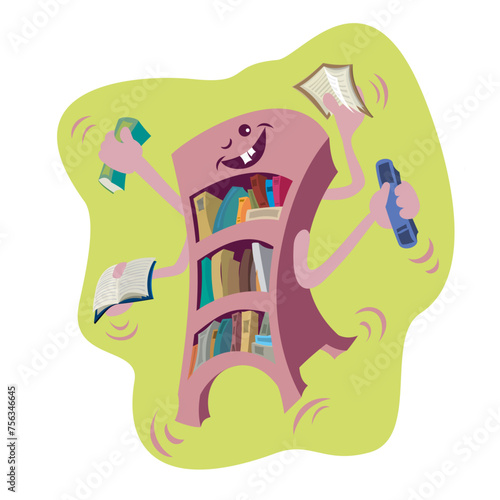 Cartoon illustration of a funny bookshelf clearing books on and off its shelf