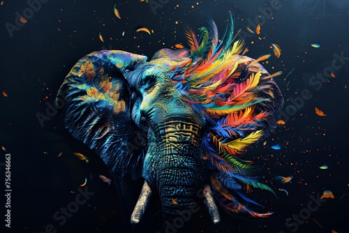 Flaunt Your Colors A Vibrant Elephant Adorned with Feathers and Painted in Rainbow Hues Generative AI