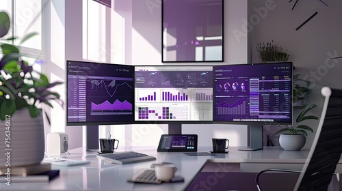 three computer screens, tech-savvy, purple, blue, and white-themed data dashboards displaying advanced charts and graphs, all accompanied by a cup of tea on the table.