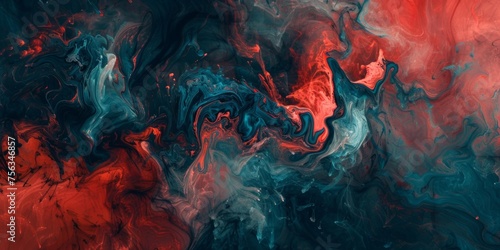 An abstract design featuring swirling patterns of red and blue paint with a chaotic, fluid motion.