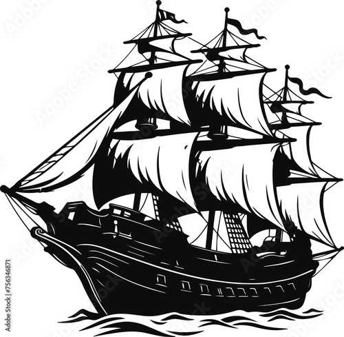 Pirate Ship in sea, Ship silhouette Vector illustration