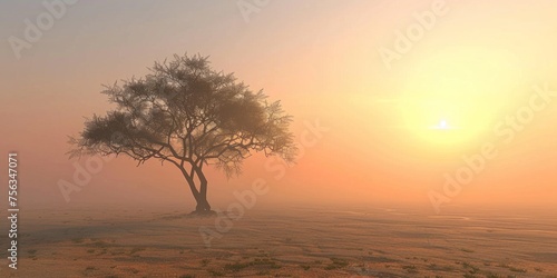 A solitary tree stands against a misty desert sunrise, evoking tranquility.