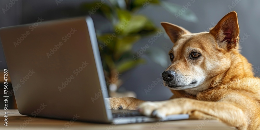 A dog attentively using a laptop, possibly portraying remote work or pet intelligence.