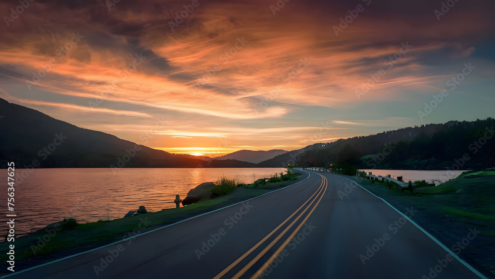 highway landscape at colorful sunset. Road view on the sea