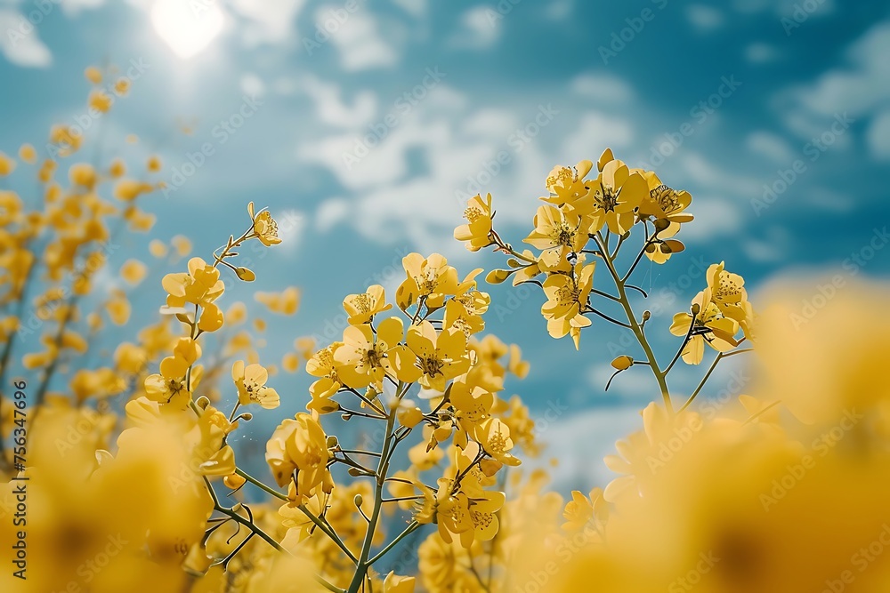 Low angle view of beautiful Rapeseed in blossom before harvesting. The sky is blue and the sun shines. Background image with space for copy. Low angle view of beautiful Rapeseed in blossom before harvesting. The sky is blue and the sun shines. Background image with space for copy.