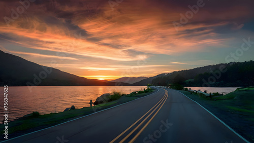 highway landscape at colorful sunset. Road view on the sea