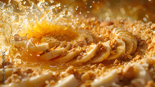Banana slices and almonds with honey splash in motion. Dynamic food photography with copy space. Healthy snacks and ingredients concept, Healthy eating and cooking 