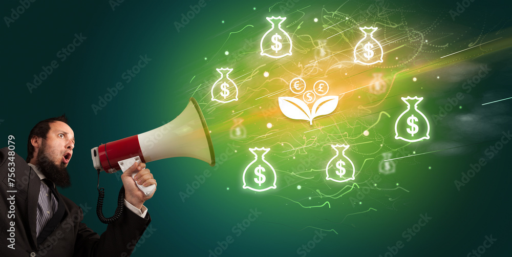 Young person with megaphone and currency icon Young person with megaphone and currency icon