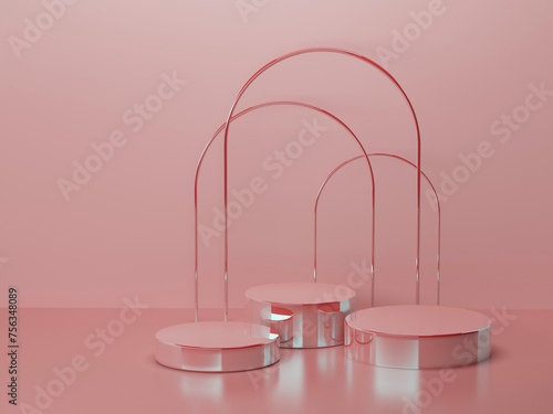 Set of three round pink polish glossy pedestals for cosmetic products, arches as mockup on pink background. Stage for presentation skin care products, gifts, goods, advertising in sweet luxury style.