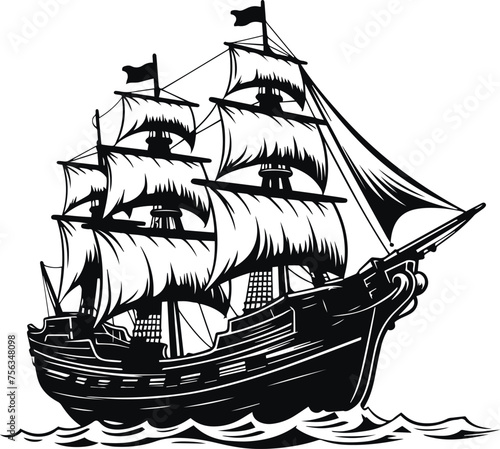 Pirate Ship in sea, Ship silhouette Vector illustration