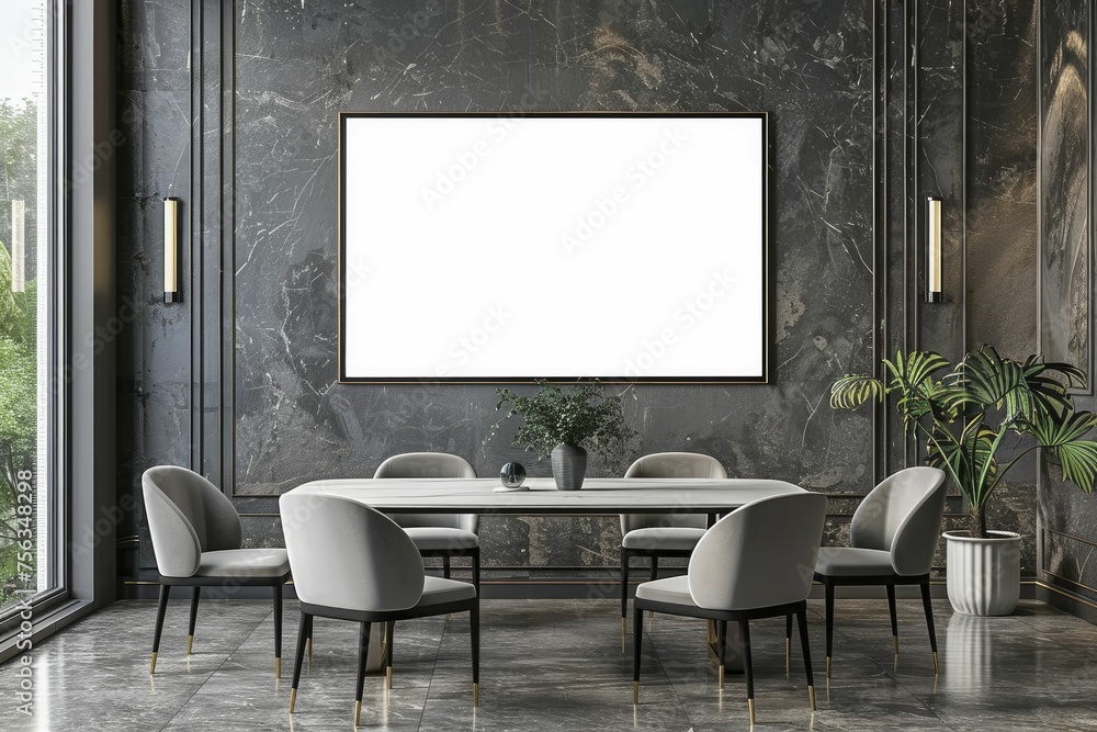Dining room with a poster frame mockup, contemporary elegance, 3D render for culinary art. Dining room with a poster frame mockup, contemporary elegance, 3D render for culinary art.
