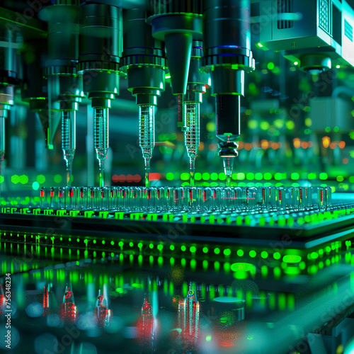 Highthroughput screening with robotic technology dynamic scene in a biotech lab neon green background photo