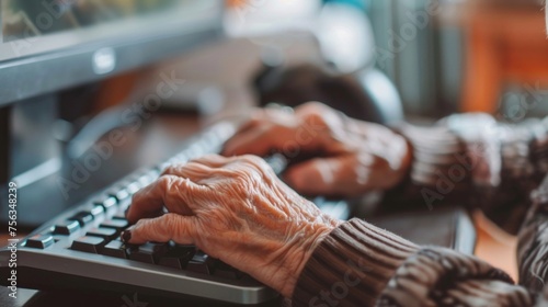 Close-up of elderly person's hands typing on a black keyboard, technology use by seniors.