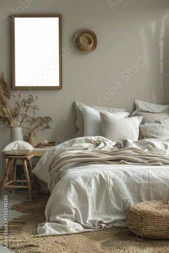 The cozy bedroom features a poster frame mockup on a textured wall, soft lighting, and a 3D render for personal art.