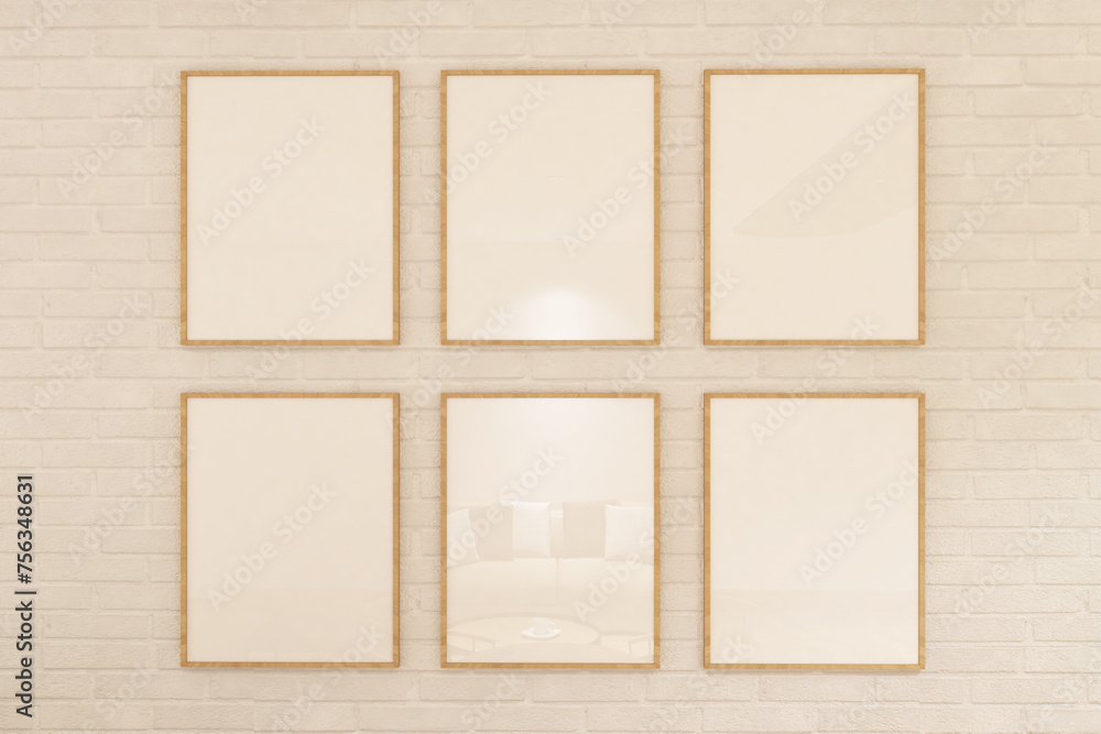 Fototapeta premium White brick wall with 6 frames mock up on the wall. Design 3d rendering of white and light woods. Design print for illustration, presentation, mock up, interior, zoom, background. Set 4