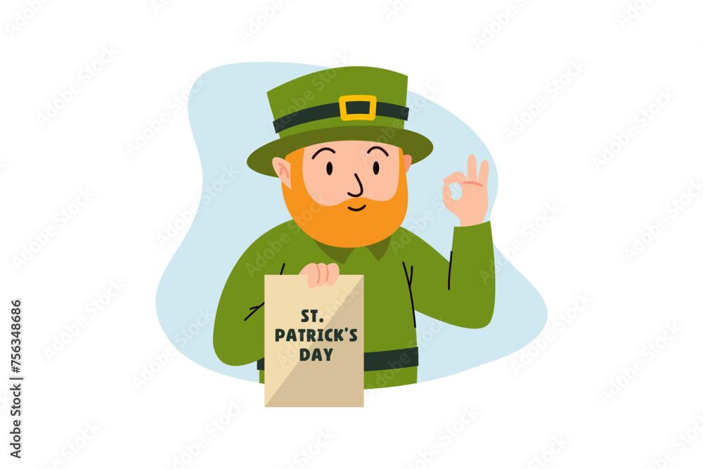 funny man with green hat carrying a invitation card letter. illustration for St. Patrick's Day, Irish holiday