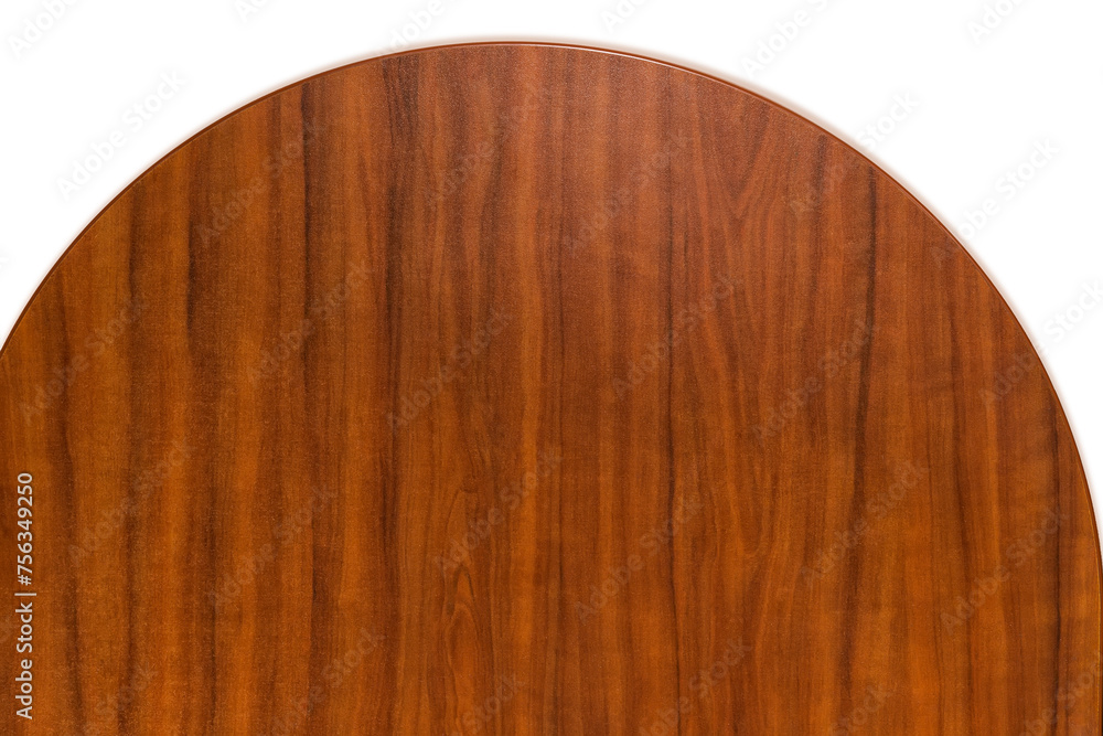 Varnished wooden panel with rounded top on a white background