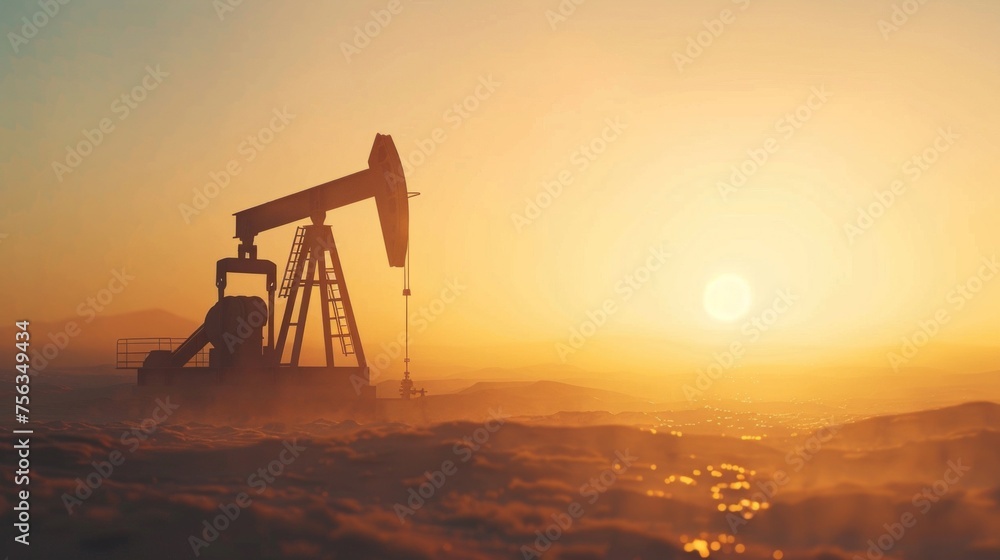 Silhouetted oil pump jack operating in a vast desert landscape as the sun sets.