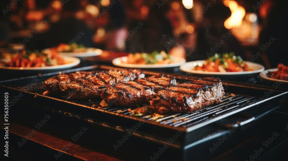 Sizzling meat on grill, flames dancing, evoking smell and warmth, blurred background - obrazy, fototapety, plakaty 