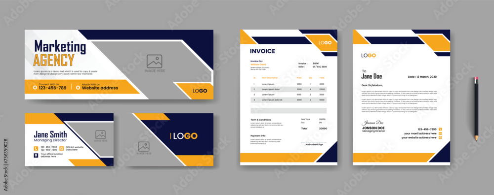 Corporate company branding stationary identity items  template design includes business cards, letterhead, invoices  and complete set of business profile guideline pack